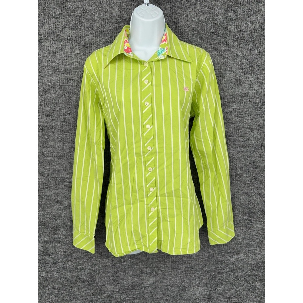 Vintage Lilly‎ Pulitzer Shirt Womens 14 Green Striped Cotton Button Long Sleeve